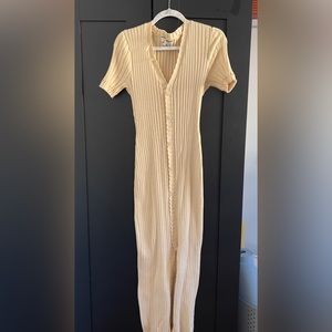 ENGLISH FACTORY BUTTONS TRIM BODYCON KNIT MIDI DRESS